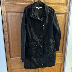 DKNY Black Lightweight Trench Coat with Red Accent